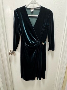 Anne Klein Dark Emerald Velvet Wrap Dress with Decorative Buckle